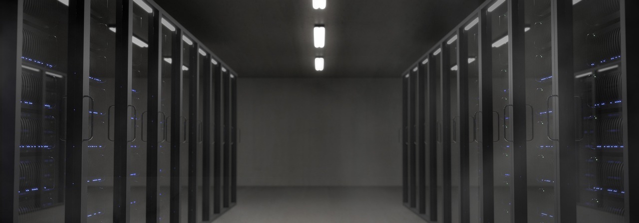 Rows of server racks in a data center
